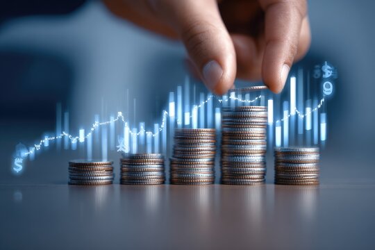 Hand placing coin on top of a stack of coins; increasing graph overlay
