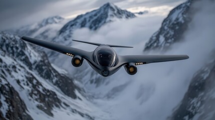 Obraz premium A sleek, futuristic aircraft flies amidst majestic snow-capped mountains, surrounded by clouds, This image is suitable for articles on aviation, technology, and adventure tourism,