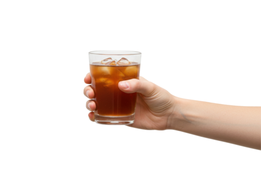 Hand holding a glass of iced tea with ice cubes against a transparent background, isolated on white background