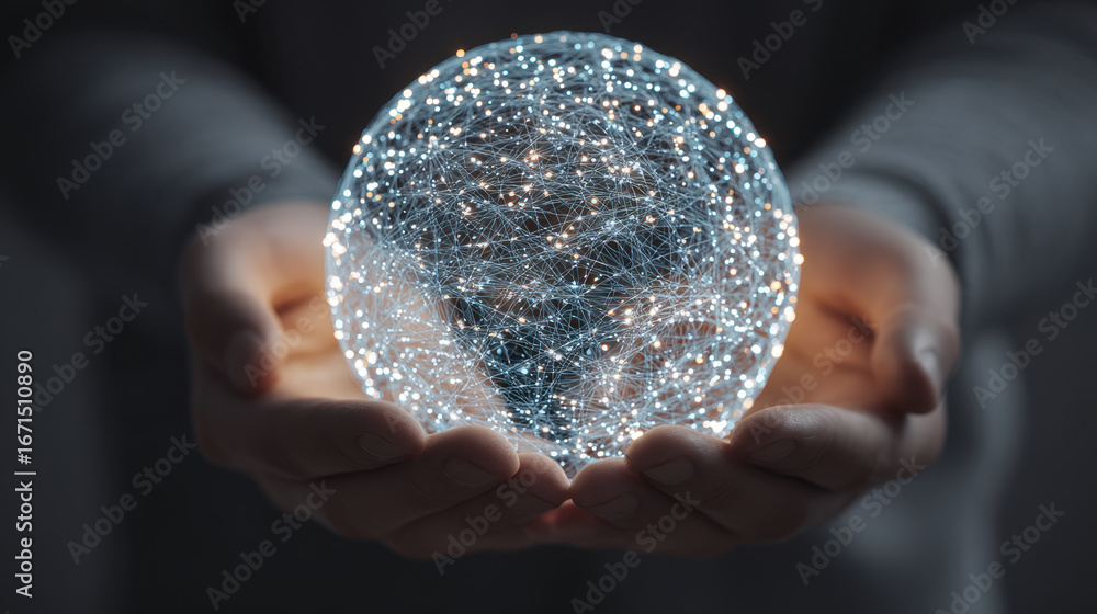 Poster glowing sphere of interconnected lines and lights held in hands symbolizes technology and innovation