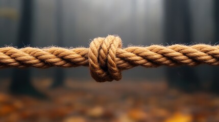 A close-up of a knotted rope against a blurred forest background, symbolizing strength and connection, Ideal for concepts related to teamwork, adventure, or resilience in various design projects,