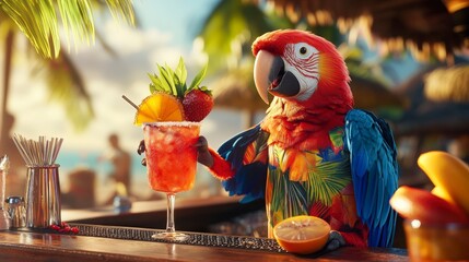 A scarlet macaw enjoying a tropical cocktail at a beachside bar with straw and fruit garnish