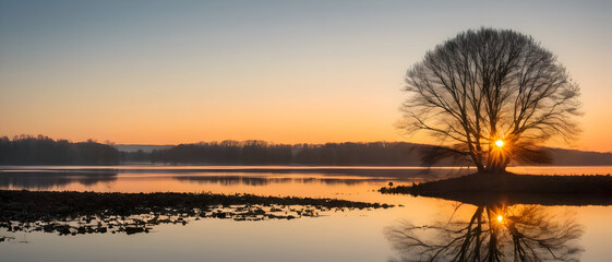 Obraz premium Serene lake at sunrise with a clear mirror reflection of a tree and glowing sky.