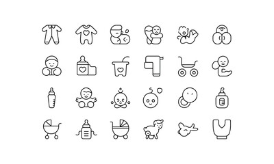 Collection of baby icons featuring clothing bottles strollers toys and other newborn essentials white background