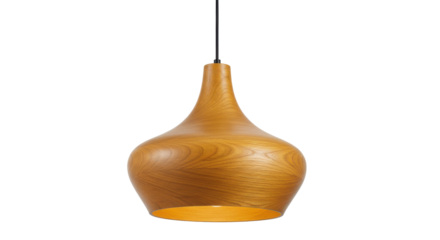 Elegant wooden pendant lamp hanging in a modern kitchen with minimalistic decor, isolated on white background