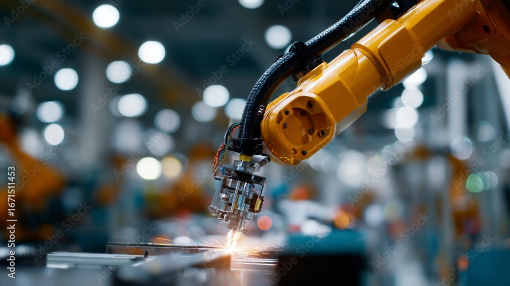 Poster robotic arm performs precision welding in a modern factory setting with bright sparks