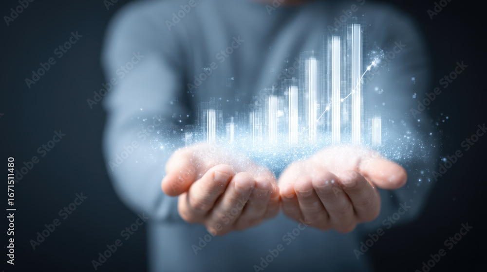 Aufkleber hands holding glowing data visualization with bar graphs and sparkles, representing growth and analy