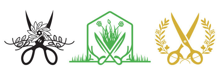 A collection of minimalist vector icons featuring scissors decorated with floral elements, leaves, and wreaths. These designs are suitable for logos for florists, gardeners, salons, floral decorators,