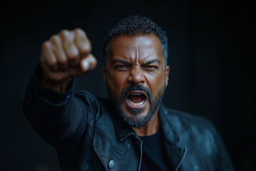 Fototapeta premium Angry man shouting with clenched fist, intense facial expression, emotional portrait on dark background, concept of rage, protest, strength and determination