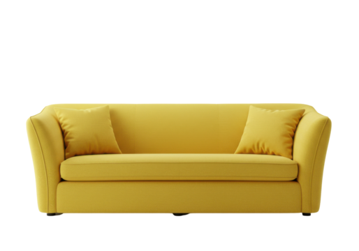 Bright yellow modern sofa with plush cushions, set against a minimalist background, isolated on white background