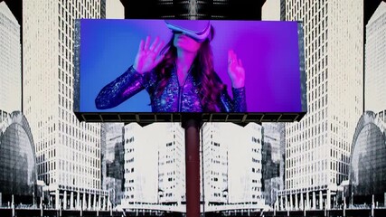 city with overlayed code and data and billboard with Vr woman 