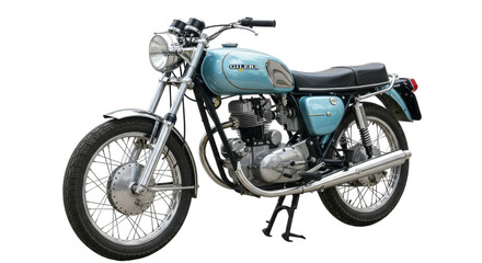 Vintage motorcycle parked in an urban setting with a blurred city backdrop, isolated on white background