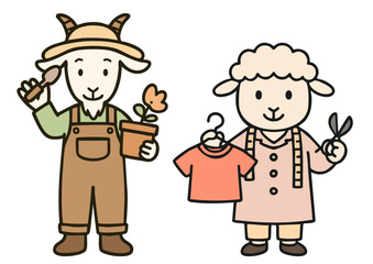 ヤギの庭師とヒツジの服飾デザイナーのかわいい動物キャラクター