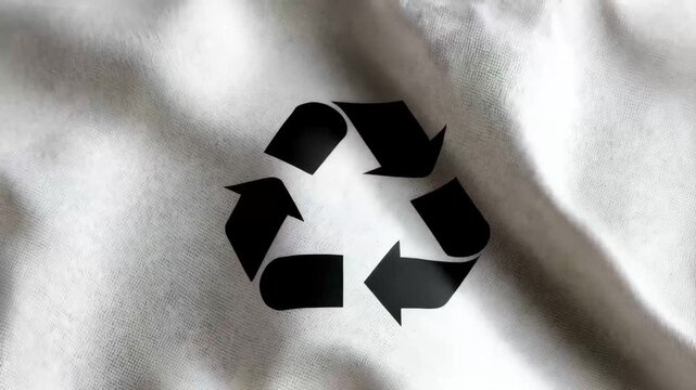 A black and white image of a recycle sign is placed on a white background. Recycle loop symbol with linen fabric texture overlay,sustainable fashion practices, minimal clean white background