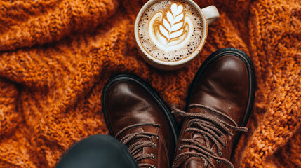 Orange-themed autumn fashion flat lay with a cozy knit sweater, stylish leather boots, and a pumpkin-spiced latte, capturing warm seasonal vibes and trendy lifestyle aesthetics