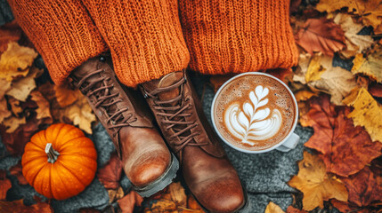 Orange-themed autumn fashion flat lay with a cozy knit sweater, stylish leather boots, and a pumpkin-spiced latte, capturing warm seasonal vibes and trendy lifestyle aesthetics