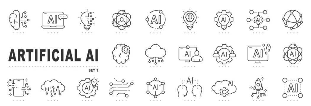 Artificial intelligence outline icons: AI neural brain, data algorithms, generative automation, cloud networks, circuits, collaboration, devices—clean technology vector, editable stroke
