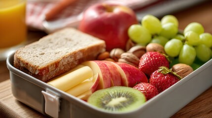 Healthy lunchbox with variety of fresh fruits, bread, nuts, and cheese for balanced meal options for kids