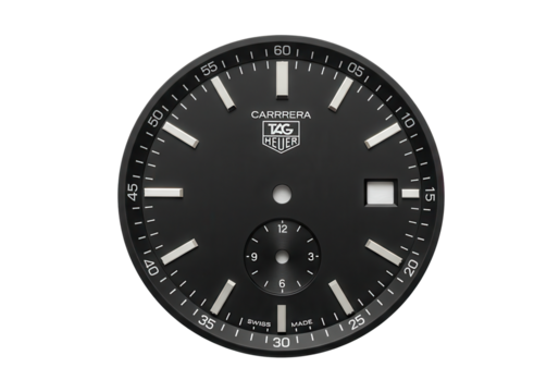 Close-up of a sleek black watch dial showcasing minimalist design elements and markers, isolated on white background