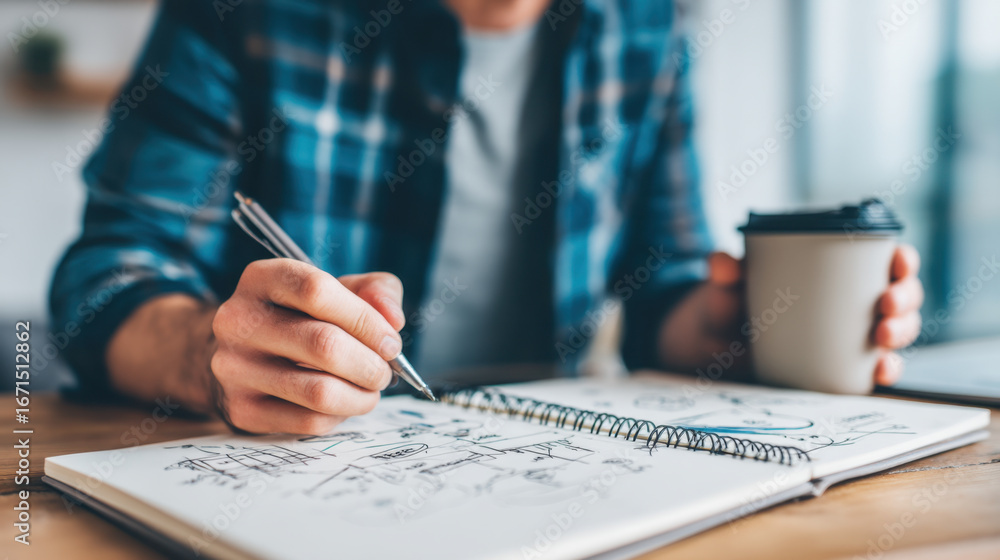 Poster creative brainstorming session with person sketching ideas in notebook while holding coffee cup. foc