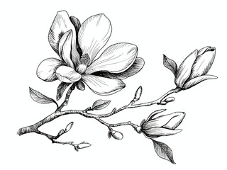 Elegant Magnolia Blossom Illustration with Budding Branch Hand Drawn in Black and White for Botanical Artwork and Spring Designs © SHOHRAB HOSSAIN
