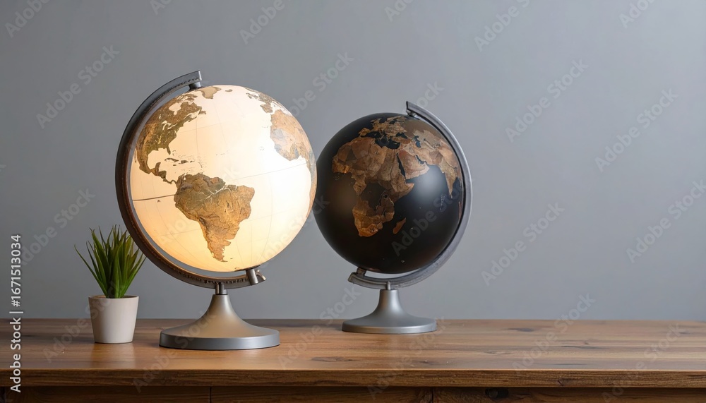 Poster a small isolated globe displaying the world's continents sits on a desk