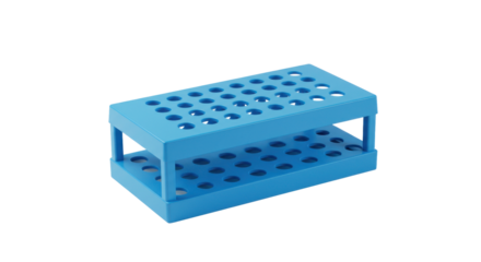 Blue laboratory test tube rack with multiple holes, isolated on white background