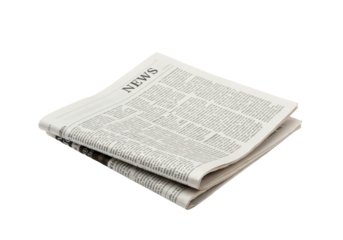 A folded newspaper d 'NEWS' resting on a flat surface, showcasing printed articles, isolated on white background
