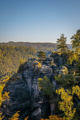 Sandstone cliffs with pine trees in Saxon Switzerland National Park Germany with forest valley, rugged rock formations and clear summer blue sky