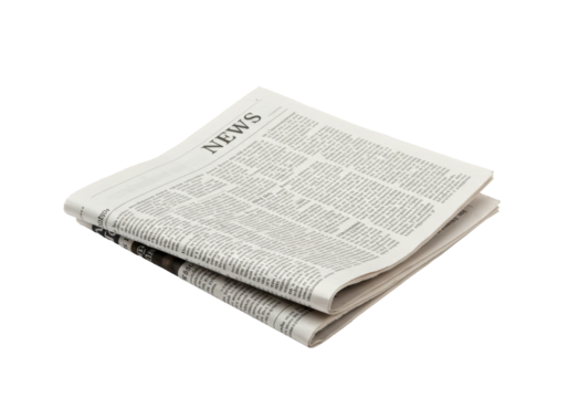 A folded newspaper d 'NEWS' resting on a flat surface, showcasing printed articles, isolated on white background