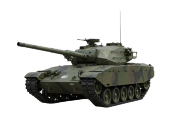 Military tank in a neutral pose, showcasing camouflage, against a clear backdrop, isolated on white background