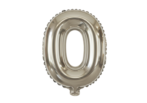 Silver balloon shaped like the number zero, floating, ideal for celebrations, isolated on white background