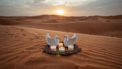 A serene desert scene showcasing two white doves nestled within a wicker wreath adorned with candles, bathed in the soft light of dawn.