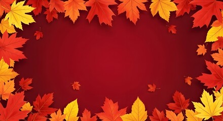 Fototapeta premium Vibrant autumn leaves frame a rich red background, creating a festive and warm seasonal border perfect for fallthemed designs and celebrations