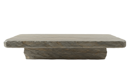 A rustic stone table set against a blurred natural landscape, ideal for outdoor dining, isolated on white background