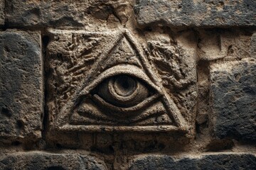 Masonic symbol of providence eye carved in stone wall