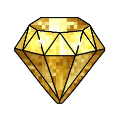 A pixel art illustration of a sparkling golden yellow diamond with a brilliant cut, isolated on a white background.