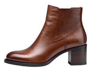 “Single Brown Leather Ankle Boot in Side View, isolated on a transparent background”.