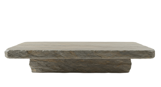 A rustic stone table set against a blurred natural landscape, ideal for outdoor dining, isolated on white background