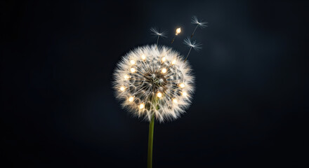 Conceptual photo of a white dandelion with glowing light bulb seeds on a dark background symbolizing new ideas and wishes