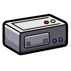 Fototapeta premium A cartoon illustration of a classic gray video game console with a cartridge slot and colorful buttons.
