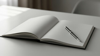 A modern, minimalist shot of an open, blank notebook on a clean white desk, with a sleek black and silver pen resting on the right page.