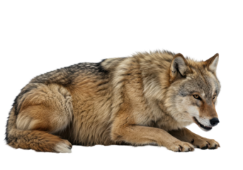 A close-up of a majestic wolf resting on the ground, showcasing its thick fur and piercing gaze, isolated on white background