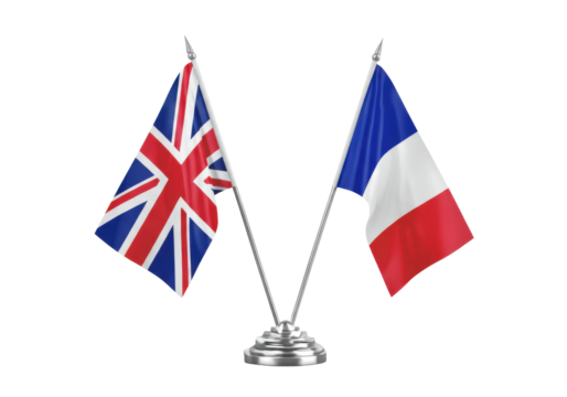 British and French flags displayed on a silver stand, symbolizing unity and cooperation, isolated on white background