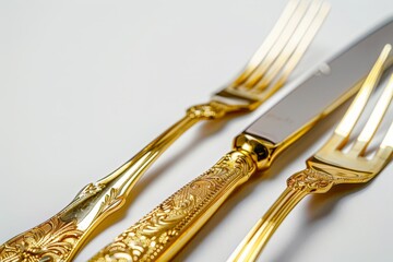 Beautiful gold flatware set including forks and a knife arranged on a clean white background, perfect for formal dining