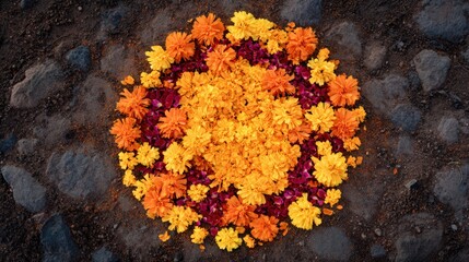 Vibrant circular arrangement of marigold and purple flowers on earthy ground, symbolizing celebration and joy during Diwali festival with colorful floral design
