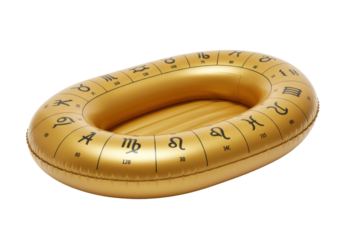 Golden inflatable pool float shaped like an astrological zodiac sign circle, perfect for summer fun, isolated on white background