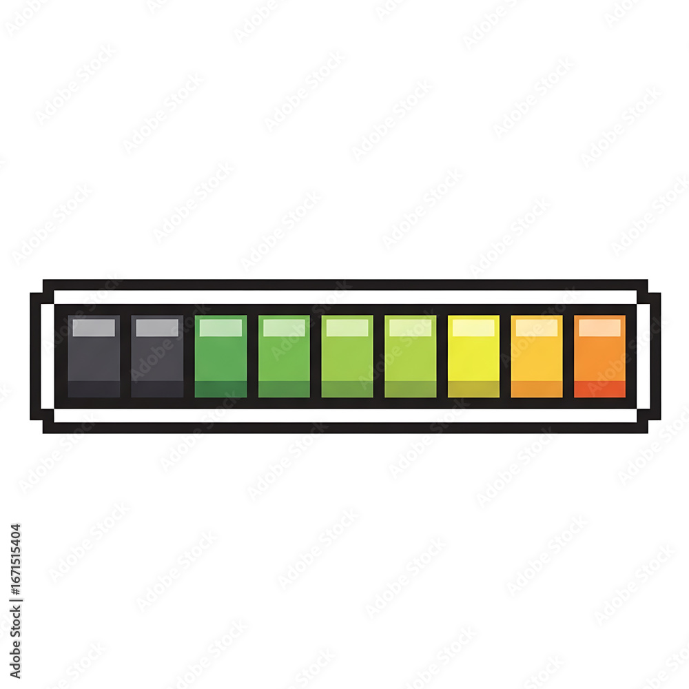Poster a pixelated loading bar with a black outline, showing progress through a colorful gradient from dark