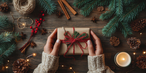 handmade present in festive wooden setting.