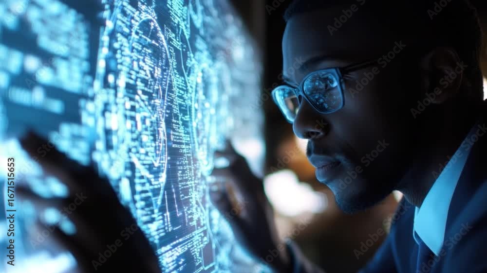 Poster business professional analyzing digital interface data in modern office environment with focused exp